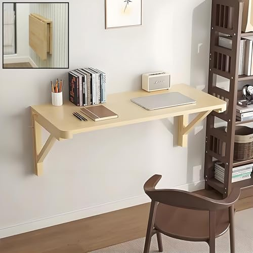 Wall Mounted Folding Table Wooden Floating Desk Collapsible Desk Multifunctional Computer, Dinner, Dressing Tables Hanging Fold Table for Living Room, Kitchen, Bedroom, Study