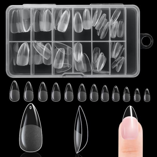 BUTBU Medium mandel nagelspetsar, 120 st mjuk gel heltäckande nagelspetsar, tryck på fas konstgjorda naglar, klar akryl nagelspets, 12 storlekar nagelförlängningar kit för gör-det-själv manikyr