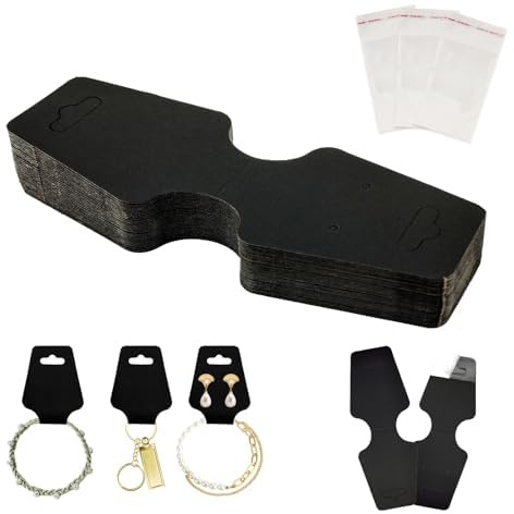300pcs Jewelry Display Cards with Adhesive, 1.7 * 4.7inch Necklace Display Cards with 300pcs Packaging Bags Jewelry Holder Cards Hanging for Earring Hair Band Keychain Scrunchies (Black)