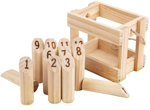 Wooden Skittles Throwing Game with 12 Skittles, 1 Throwing Pin and Carrying Box,Numbered Block Toss Games,Skittles Game for Gardens,Outdoor Games for Adults, Garden, Picnic, Beach, Party ﻿ (A)