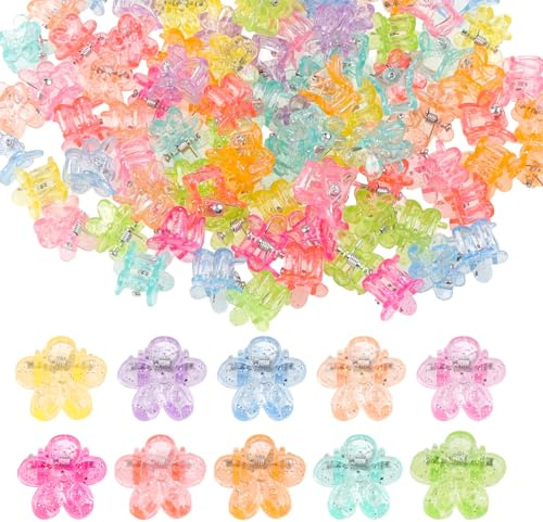 100PCS Mini Flower Hair Clips for Women Girls Mini Claw Clips Cute Jaw Clips Glitter Baby Hair Clip Small Hair Barrettes Strong Grip Hair Accessories for Hair Styling, Colorful