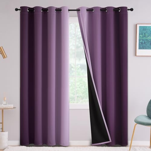 Yakamok Purple Blackout Curtains 84 inches Long for Living Room | 100% Blackout Room Darkening Ombre Curtain for Bedroom Grommet Thermal Insulated Gradient Drapes，2 Panels，52W x84L inch