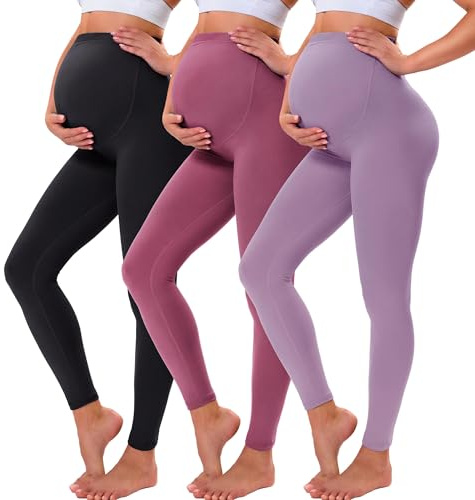 VALANDY Creamlush moderskap leggings över bula smör mjuk magstöd justerbar hög midja graviditetsbyxor yoga pyjamas, 3-pack – svart/mörk rosa/månsten, S