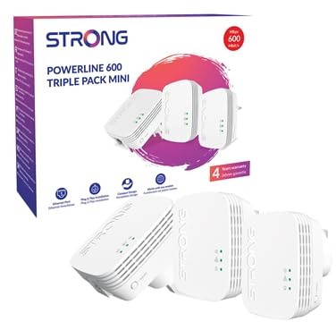 STRONG AV600 Powerline Adapter, HomePlug AV2 Ethernet Extender, Plug & Play Setup, One-Button Security, Power Saving Mode, 100Mbps LAN, Ideal for TV, PC, or Gaming Console(3 Pack & New Version)