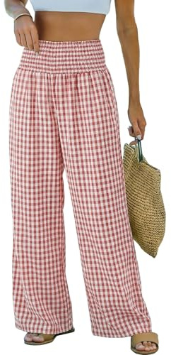 Dokotoo Women's Summer Gingham Striped Pants Smocked Waist High Waisted 2026 Maternity Plaid Wide Leg Flowy Boho Trousers Summer Beach Casual Beach Vacation Clothes,Mineral Red Small