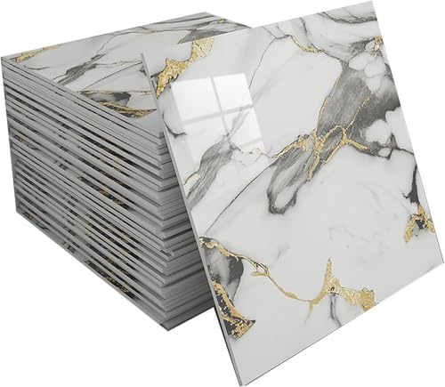 Marble Tiles Stickers,Self Adhesive Wall Waterproof,Stick On,PVC Shower Walls Panels,Glue Up Ceiling,Freely Assemble,Peel and,for,TV Background(A,50 Tiles)
