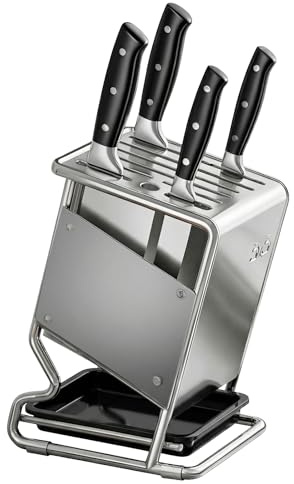 Woobroo Stainless Steel Knife Block with Drip Tray, 8 Slot Universal Countertop Knife Holder, 1 Sharpening Steel Holder and Non-Slip Feet, Modern Kitchen Knife Stand Set (Silver-Grey)