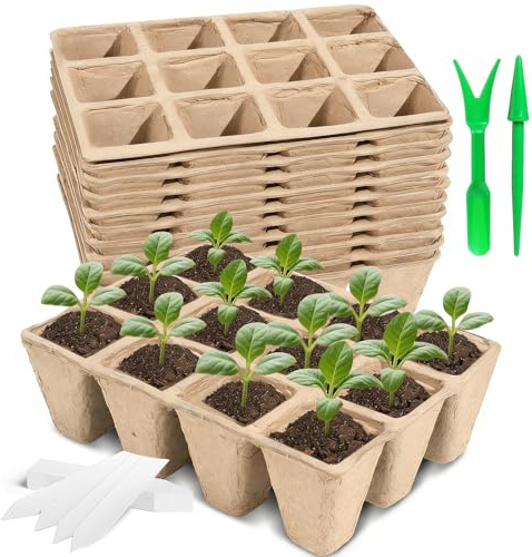 Maridergo 20 Pack Seed Starting Trays 240 Cells, 5CM Biodegradable Plant Pots Small Plant Pots with 100pcs Plastic Plant Lables and Digging Tools for Vegetable Flower Herb (16.5 * 12 * 5cm)