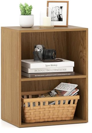 COSTWAY 2-stöckiges Bücherregal klein, offenes Aufbewahrungsregal Holz, Standregal mit 5-Fach verstellbarem Einlegeboden, Würfelregal Raumteiler (Natur,2 Fächern, 42 x 29,5 x 53,5 cm)