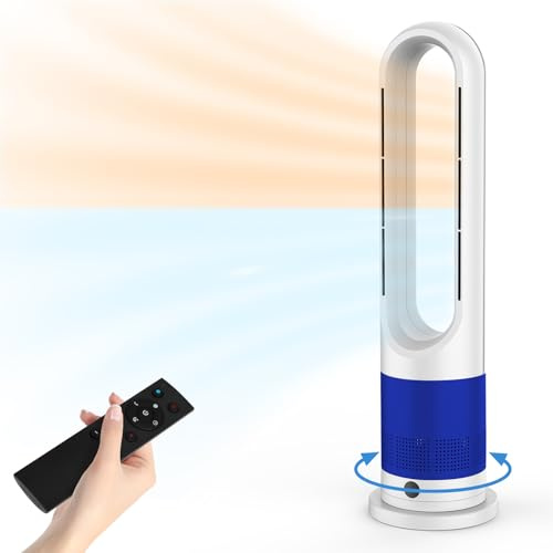 Turmventilator, Rotorlos Ventilator mit Kühlung und Heizen, Luftkühler sehr Leise, 8 Stufen Tower-Ventilator 9H Timer, LED-Anzeige, Standventilator mit Fernbedienung, 80° Oszillation Büro (Blau)