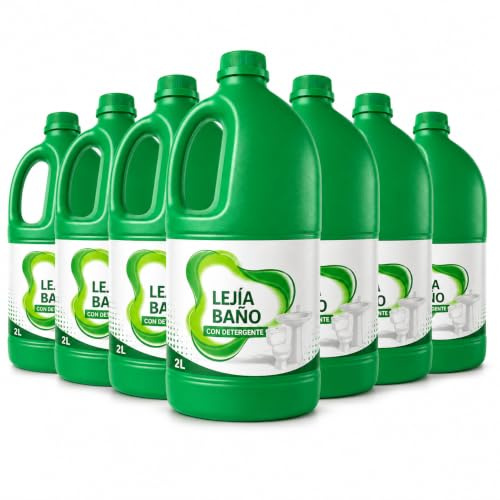 Lejía para Baños con Detergente, Pack 8 x 2L, 16L para WC, Lavabo y Ducha | Fórmula con detergente perfumado para WC, ducha, bañera, azulejos y suelos.