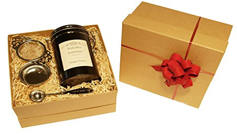 Ginger Green Tea Gift Set Loose Leaf Wrapped 100g in Caddy with Tea Strainer and Measuring Spoon by TeaCakes of Yorkshire.