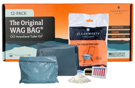 Cleanwaste Original WAG Bag Portable Toilet (12 Pack) - Go Anywhere Kit For Camping, Boating, Travel - NASA Gelling Powder for Poop/Pee