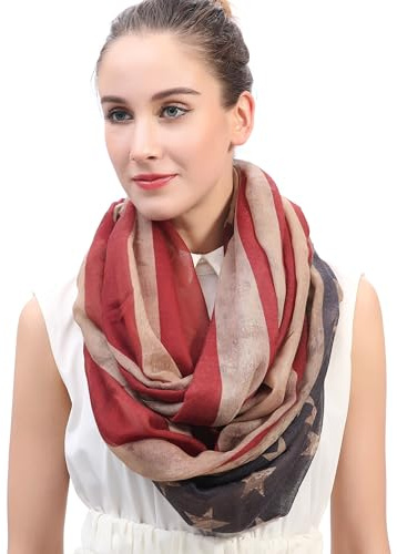 Lina & Lily Flag Print Women's Infinity Scarf Lightweight (Vintage American Flag, Brown Red Gray)