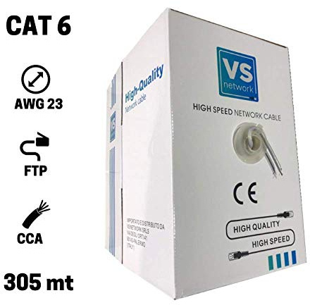 Vsnetwork 305 Metri Cavo di Rete Ethernet 305m | CAT6, FTP, CCA, RJ45 | Bobina di Rete | Schermato Gigabit 10/100/1000 Mbps LAN Ethernet Grigio