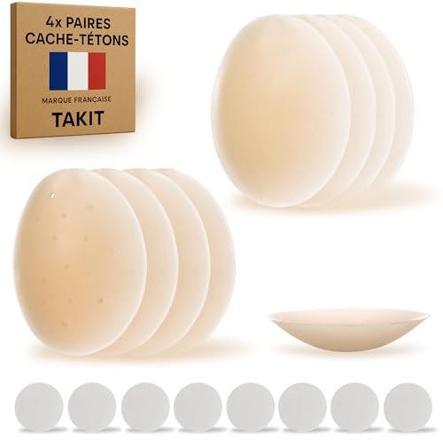 Cache-Tétons Femme - 4 Paires - 8cm [Marque Francaise] - en Silicone - Couleur Peau Claire, Réutilisables