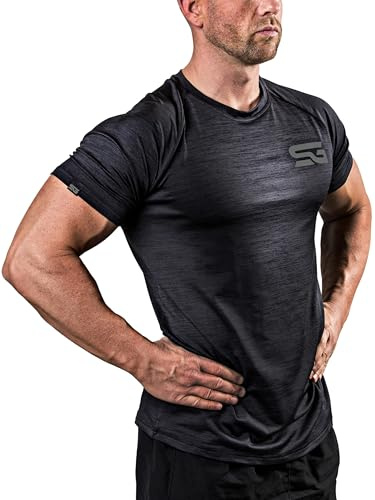 Satire Gym skjorta herr sportskjorta kortärmad andas | funktionell skjorta | kroppsbyggande t-shirt som activewear & sportkläder män för crossfit, MMA, löpning, fläckig svart, L