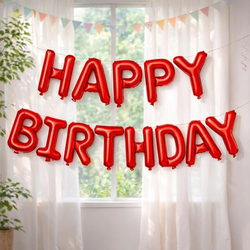 Trimming Shop Happy Birthday Luftballons Banner, selbstaufblasend, 16 Zoll Alphabet Folienballon mit Band, Happy Birthday Buchstaben Folienballons, Jungen Mädchen Geburtstag Party Dekoration, Rot