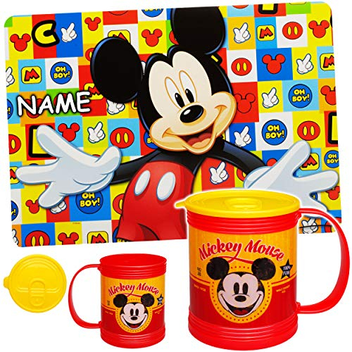 alles-meine.de GmbH 2 TLG. Set: Trinkbecher/Henkeltasse + Unterlage - - Mickey Mouse - inkl. Name - Tasse - 430 ml - mit Deckel - wasserdicht & auslaufsicher - BPA frei - Platz..