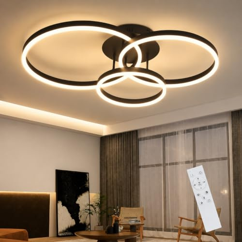 ZMH LED Deckenleuchte Wohnzimmer Deckenlampe: 82 CM Wohnzimmerlampe Schwarz 74W Schlafzimmerlampe dimmbar mit Fernbedienung innen Deckenbeleuchtung mit 3 Ringen Design für Schlafzimmer Küche Büro
