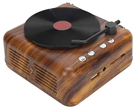 DWMD Giradischi Bluetooth USB, Retrò, Legno, Marrone, Altoparlante Portatile con Subwoofer e Altoparlanti Stereo, Batteria 1000Mah