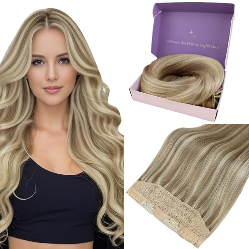 Fshine Secret Extensions Echthaar mit Draht 40 cm 80 g Aschblond Hervorgehobenes Goldblond Draht Extensions Echthaar Flexibel Fish Line Haarverlängerungen Farbe 16P22