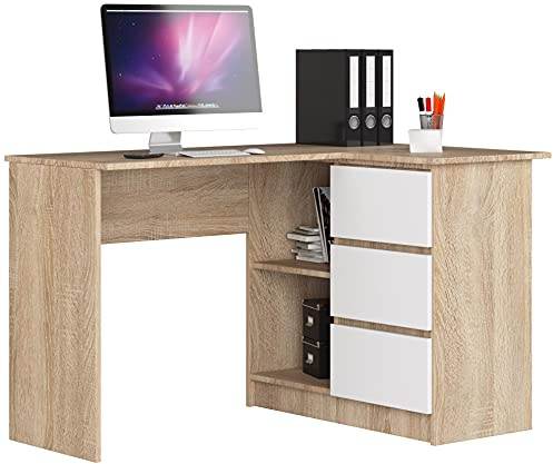 AKORD Eckschreibtisch B16 mit Regal 124 cm | 3 Schubladen Links | Schreibtisch | Ecktisch | Eck Schreibtisch | für Home | für Office | B124 x H77 x T85 cm | Gewicht 41,40 kg | Sonoma Eiche/Weiß