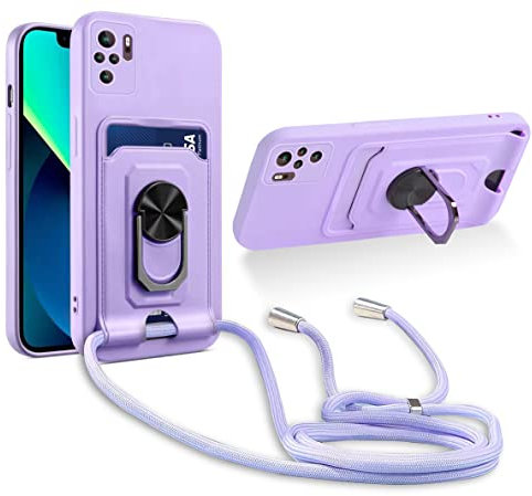 Aithne Handykette Hülle kompatibel mit Xiaomi Redmi Note 10 4G/Note 10S, 360 Grad Ringhalter Stand [Kartenfach] mit Kordel zum Umhängen Silikon Schutzhülle - Lila