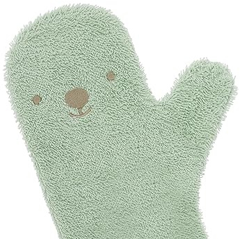 Baby Dusche Handschuh Badespaß und Sicherheit mit Baby duschen und baden - niedliche Tiergesichter (Hellgrün mit Bär Gesicht)