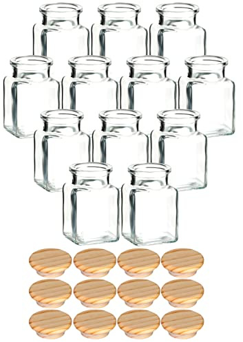 gouveo 12er Set Gewürzgläser 150 ml eckig mit Holzdeckel Pinie - Kleine Korkengläser mit Holz-Korken - Leere Vorratsgläser für Kräuter, Gewürze - Glasdose für Büro, Bastelzubehör