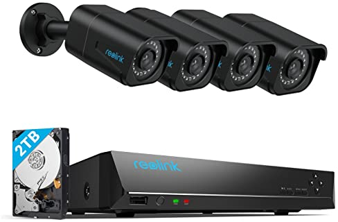 Reolink 4K Kit Camaras de Seguridad, NVR 8CH + 4X Cámaras PoE de Vigilancia Exterior, 2TB HDD Grabación 24/7, Detección de Personas/Vehículos, IP67 Impermeable, Visión Nocturna, RLK8-800B4 Negro