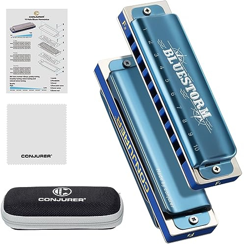 CONJURER Blues Mundharmonika für Anfänger F# Dur Blues Harp 10-Loch Diatonische Harmonika Instrument Muntamonika mit hochwertigen Phosphorbronze Stimmzungen, F#-Dur Blues Storm Blau