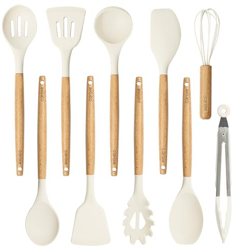 CAROTE Silicone Cooking Utensils Set, Kitchen Utensils Set 10 Pcs for cooking, BPA Free Spatula Set with Heat Resistant Wood Handles for Nonstick Cookware (Cream White)