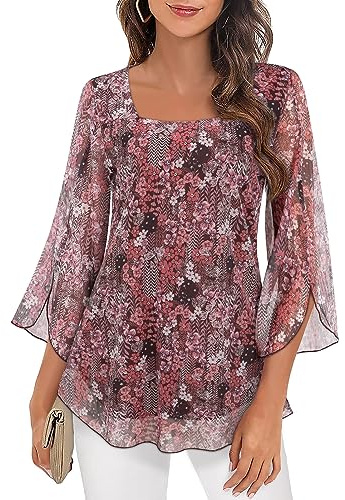 Syphiby Camicette da Donna con Ruffle, Maniche 3/4, Top a Tunica, Scollo Quadrato, Top in Chiffon, a Doppio Strato, Maglia a Rete, M-3XL, cachi, M
