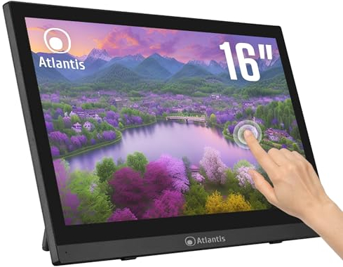 ATLANTIS A05-T16A-VHM Monitor Touch 16 pollici, schermo 16, Touchscreen 10 tocchi, Full HD 1920x1080, HDMI VGA, inclinabile 15°-50°, Vetro Protettivo 7H, Contrasto 800:1, Angolo 170/170,Vesa 75