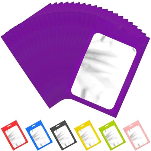 100 sacchetti richiudibili in Mylar con finestra trasparente, sacchetti per imballaggio, sacchetti con cerniera, per alimenti, autosigillanti, forniture per la conservazione (14 x 20 cm, viola)