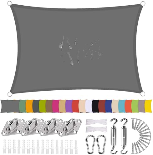 Ziligengsheng Sonnensegel Rechteck Wasserdicht Sonnenschutz Balkon Terrasse mit Montagezubehör PES Polyester 98% UV-Schutz Reißfest Wetterfest für Garten Outdoor,Grau