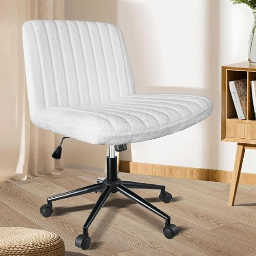 BERULL Criss-Cross-Stuhl Mit Rollen, Breiter Sitz Gekreuzte Beine Heimbüro-Schreibtischstühle Armloser Ergonomischer Drehbarer Schminkstuhl, Höhenverstellbarer Computer Arbeitsstuhl,Weiß