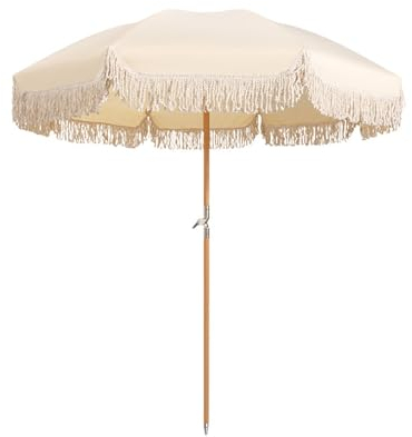 Boho-Strandschirm, 200 cm, neigbar, tragbarer rund Gartenschirm, faltbarer Holzmast-Sonnenschirm für den Außenbereich mit Fransen (Color : Beige, Size : 200cm/6.6ft)