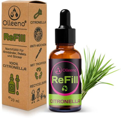 OLLEENO® Citronella Nachfüllöl 20ml – Effektiver Mückenschutz, rein pflanzlich für unsere Armbänder, wiederverwendbar, langanhaltender Komfort, ideal für Camping und Sport, DEET-frei, non-toxic