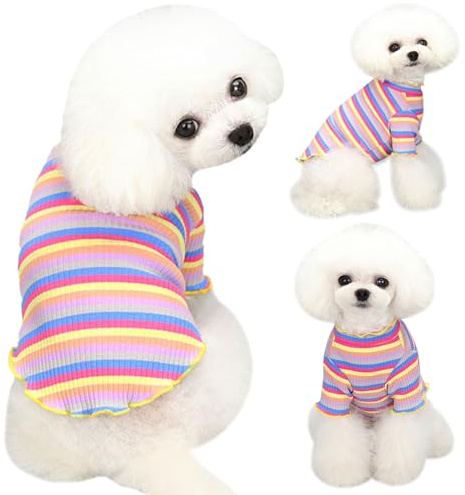 Yaopelky Hundebekleidung für kleine und mittelgroße Hunde, Regenbogen-gestreift, dehnbar, langärmelig, Katzen-T-Shirt, Haustier-Outfits für Chihuahua, Yorkie, Teddy (gelber Rand, M)