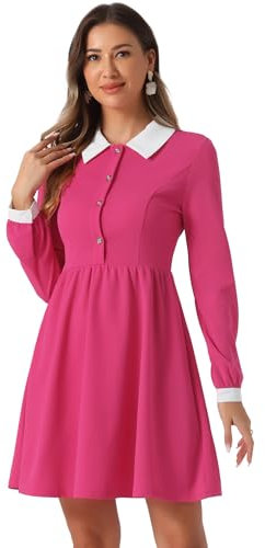 Allegra K Disfraz de Navidad Vestido Corto Acampanado de Manga Larga con Media Tapeta en Contraste y Cuello Peter Pan Vintage para Mujer Fucsia M