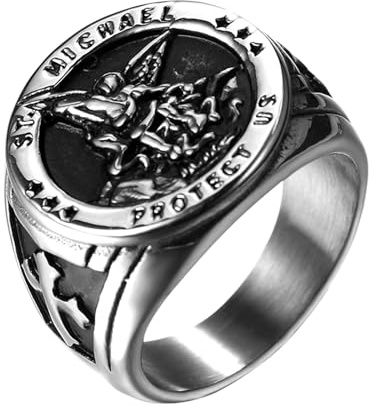 Flongo Saint Michael sigillring för män: Guld silver religiös ring amulett helig Michael rostfritt stål beskyddare smycken signnet ring religion rund retro band gåva storlek från 57 till 71, Rostfritt