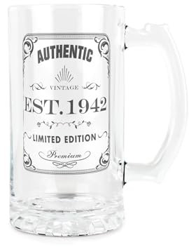 Purely Home Born in 1942 Gift Glass Stein - Vintage Beer Glass Present - 450ml Drinking Cup/Tankard Mug with Handle Gifts for Birthdays