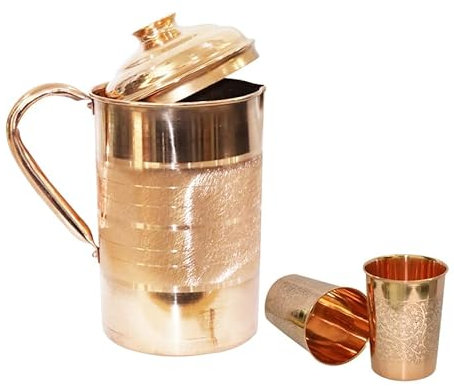 BRACOP® Carafe à Eau Carafe à Eau Pichet en cuivre Pichet à Eau en cuivre Pichet en cuivre Pichet à Boire avec Couvercle Tasse en cuivre ayurvédique Pichet à Eau Verre à Cocktail Carafe à Eau Design