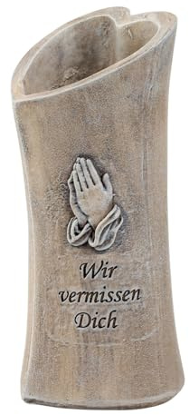 Grabvase Wir vermissen Dich in Herzform aus Polyresin, grau, 18 cm hoch, 7,5 cm breit