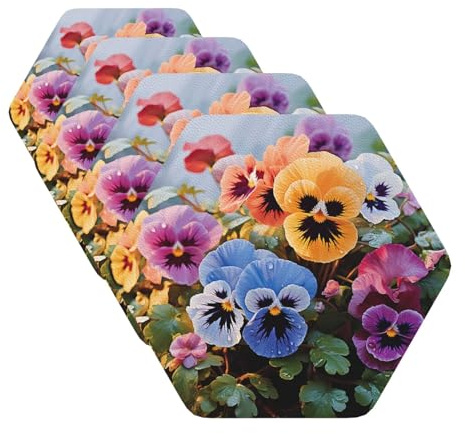 Pansy Flowers Coasters for Drinks Set of 4 Leather Tea Cup Coaster Drink Coasters for Cup Kitchen Bar Home Decor Housewarming Gift