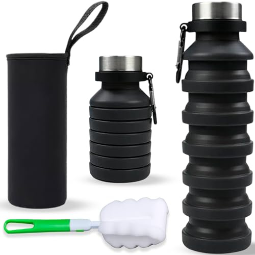 DARZWAY Botella de Agua Plegable de Silicona 300–550 ml – Bolsa Térmica Neopreno y Cepillo – Cantimplora Compacta y Reutilizable – Para Senderismo, Viajes y Deporte al Aire Libre – Sin BPA. (Negro)