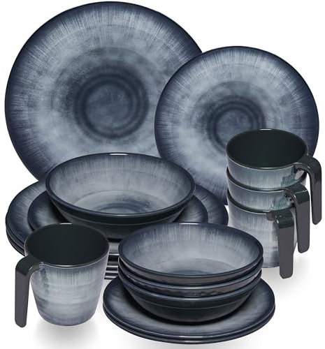 Melamin Geschirr Set Jesolo Grau für 4 Personen - 16 Teile - mit Tassen Steingutoptik Spülmaschinengeeignet Campinggeschirr Wohnwagen Camping Festival