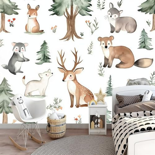 Wallpaper Carta Da Parati Murale Animali del bosco e foresta ad acquerello 250 x 175 cm Fotomurali Sfondo Murale Moda Decorazione Soggiorno Camera De Letto Sala Ufficio